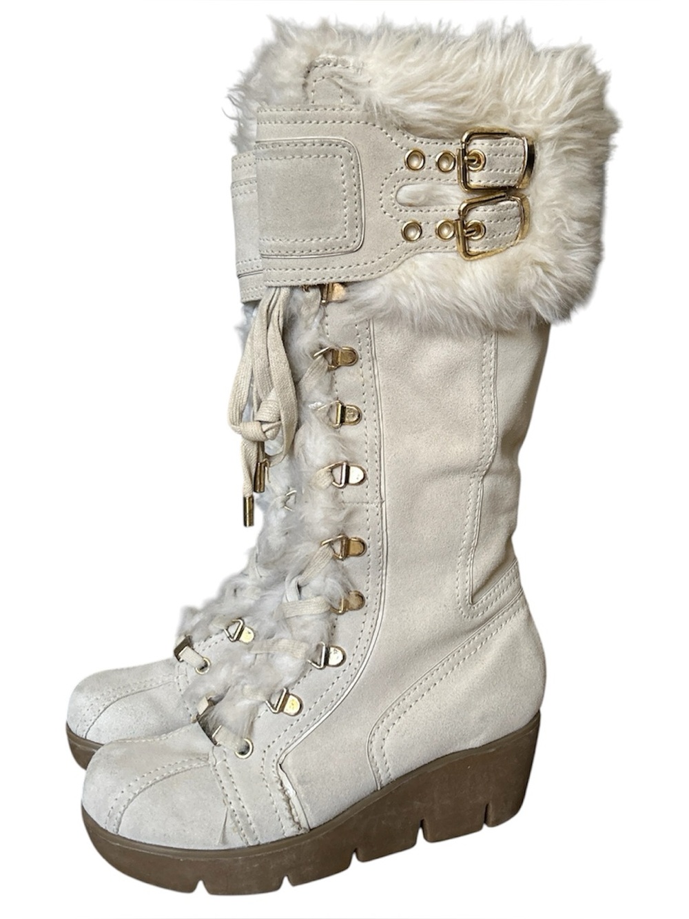 Y2K Coquette “Aldo” Cream and Gold Suede Faux Fur Trim Lace-up Wedge Boots